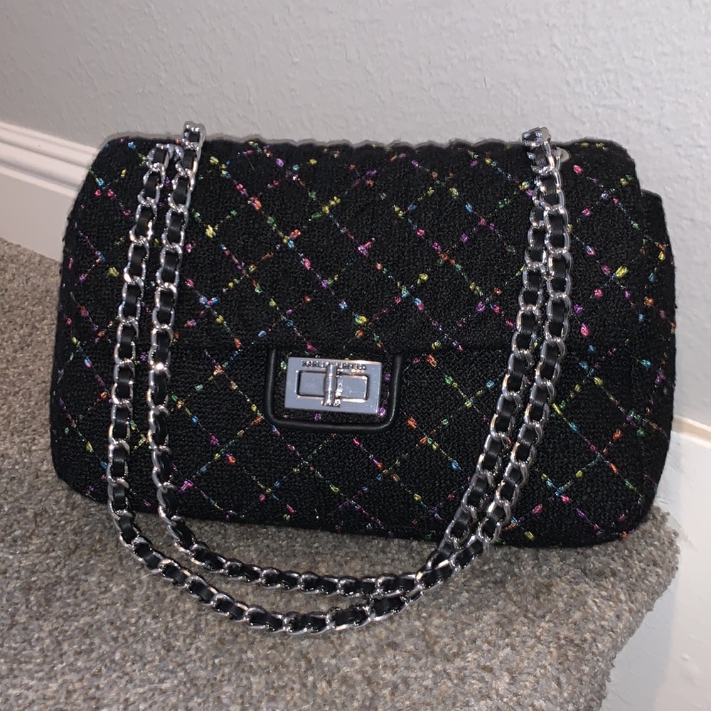 Karl Lagerfeld Black & Multi Color Fabric Shoulder Bag New NWT